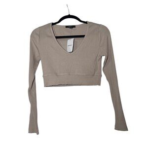 Forever 21 Cropped Long Sleeve Top Ribbed Taupe Beige Size Medium Soft NWT
